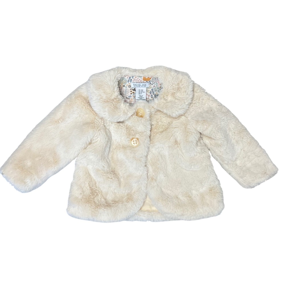 Rachel Zoe Girls Faux Fur Coat Cream Ivory Woodland Print Lining Size 24M‎